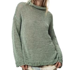 Zara Sage Green Fisherman Sweater High Neck Open Chunky Knit Relaxed Sz Medium